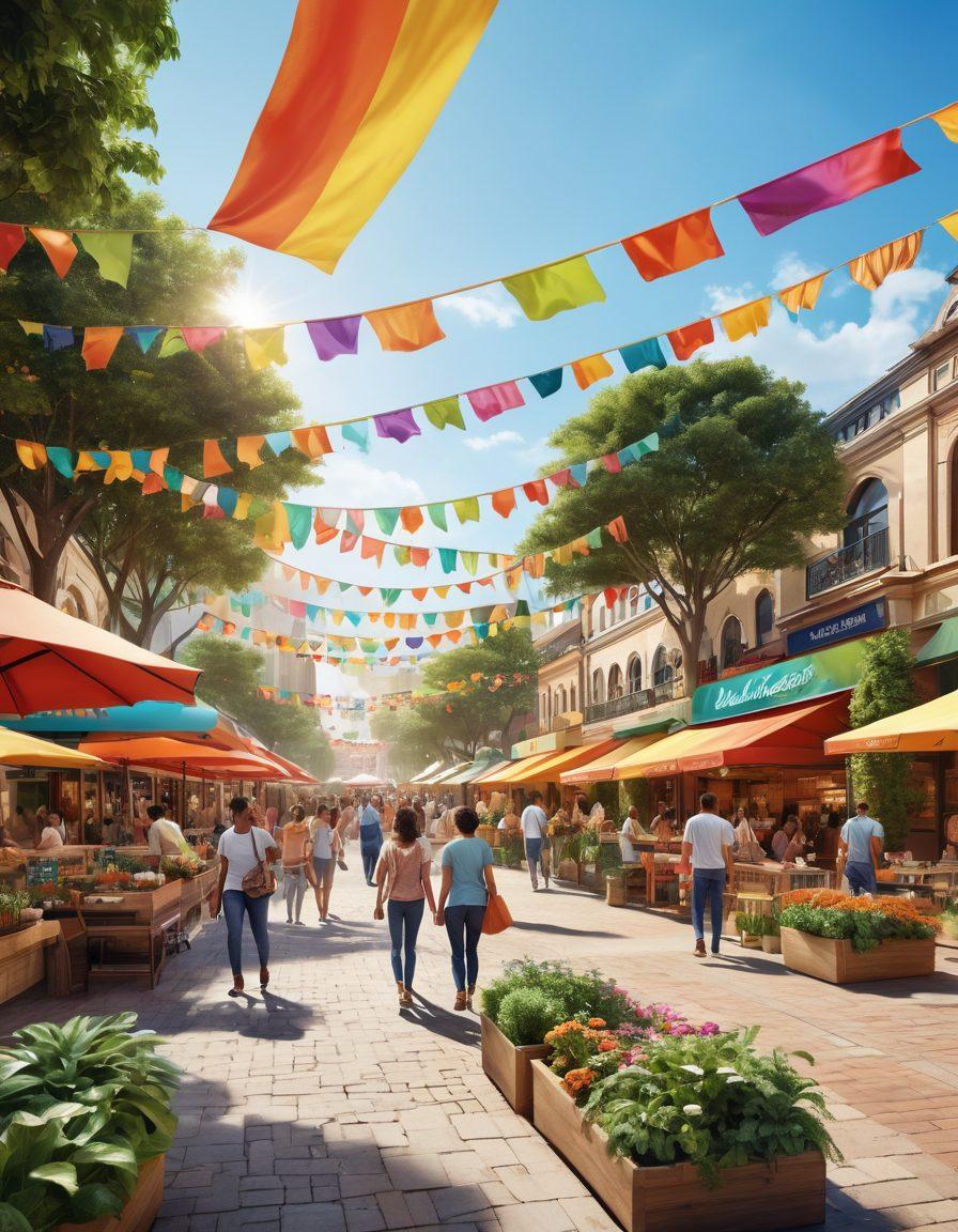 A vibrant marketplace scene depicting various community members enjoying exclusive discounts, surrounded by colorful banners promoting membership perks. Showcase a joyful atmosphere with people engaging in activities, such as shopping, dining, and socializing. Incorporate visual elements like membership cards and discounts symbols, emphasizing the theme of community advantages. The background can feature a sunny park or plaza, enhancing the sense of community. super-realistic. vibrant colors. 3D.