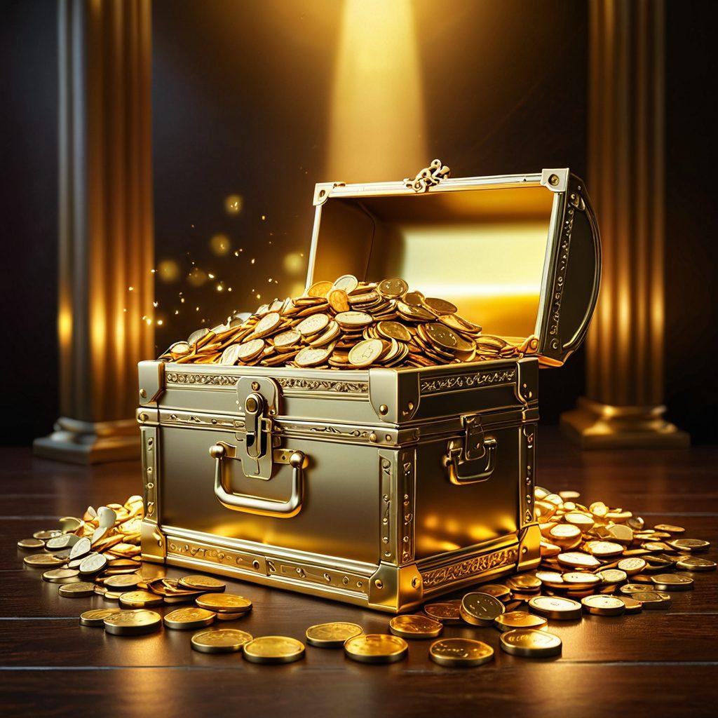A vibrant depiction of a key unlocking a glowing treasure chest filled with golden coins and sparkling rewards symbols. Surrounding the chest are various exclusive perks like travel vouchers, gold membership cards, and luxury items. The background showcases an inviting, luxurious environment, symbolizing the value of membership. super-realistic. vibrant colors. 3D.